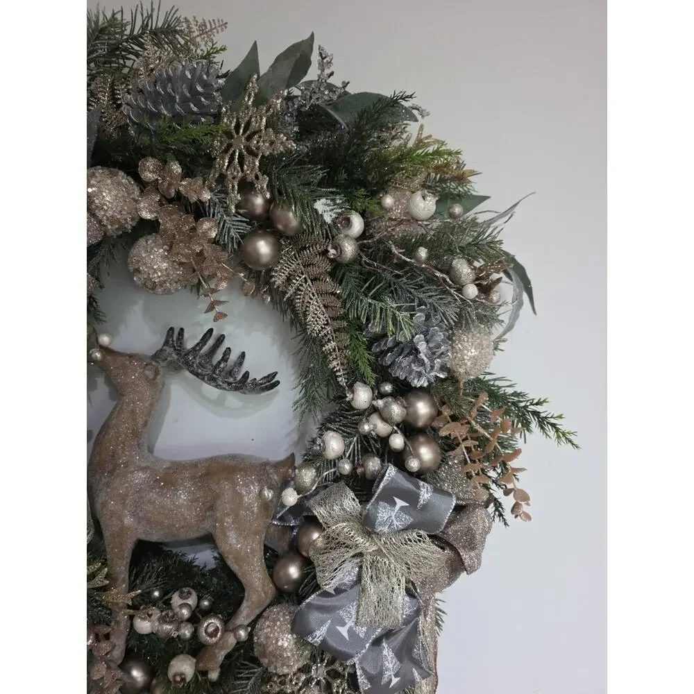 Handmade Christmas Wreath Deer Stag Gold Silver Berries Balls Ribbon 25